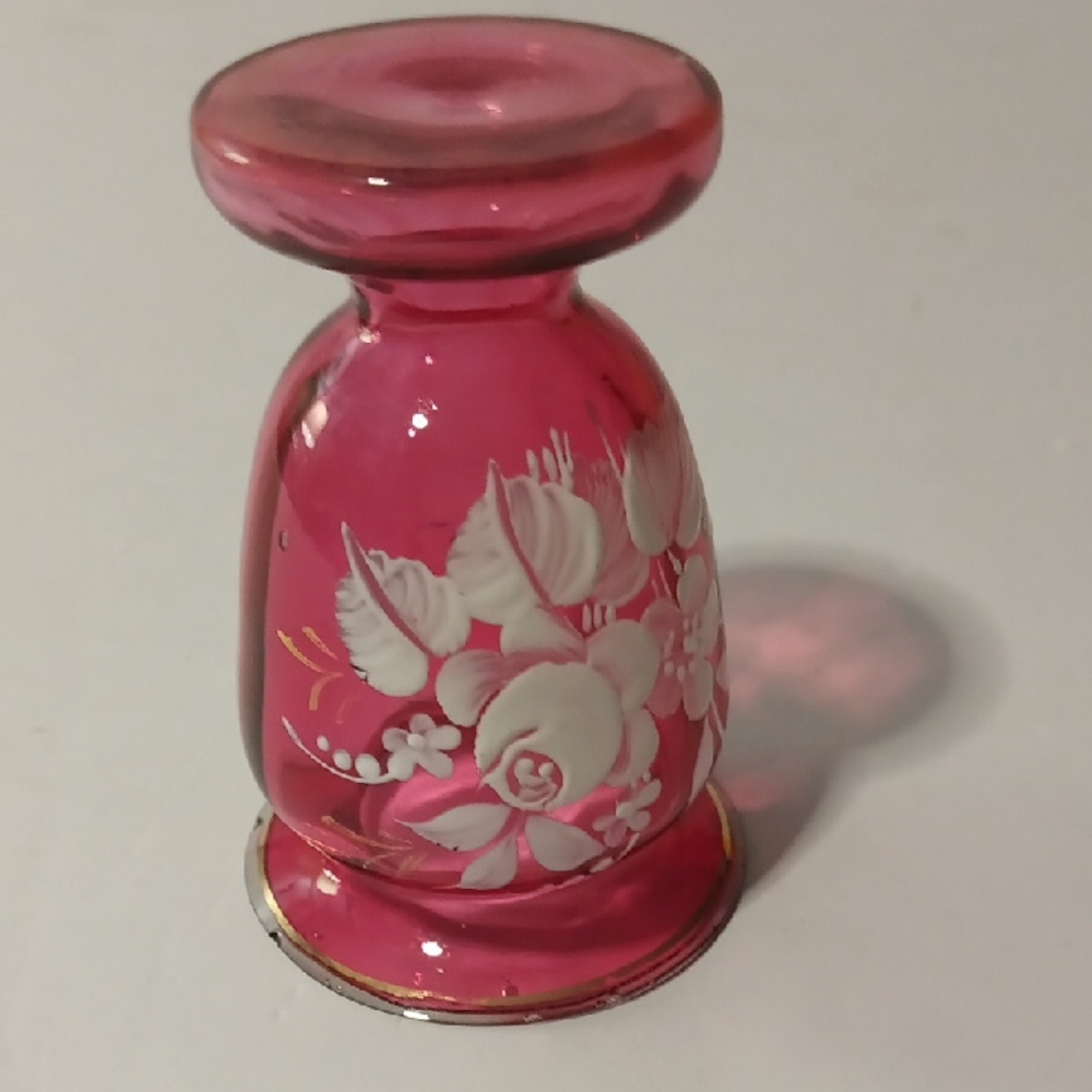 Vintage Bohemian Chezoslovkia Mini Hand Painted Cranberry Vase - Picture 2 of 5